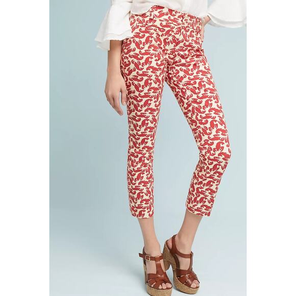 Anthropologie The Essential Slim Cropped Trouser Pants Lobster Print Red 0 - Picture 1 of 11